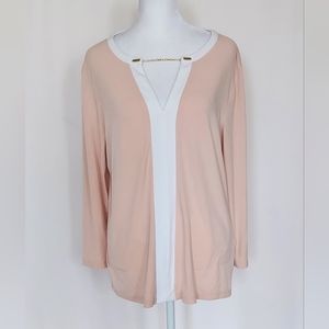 Calvin Klein Womens Size Large Long Sleeve Top White Contrast Pink Gold Chain